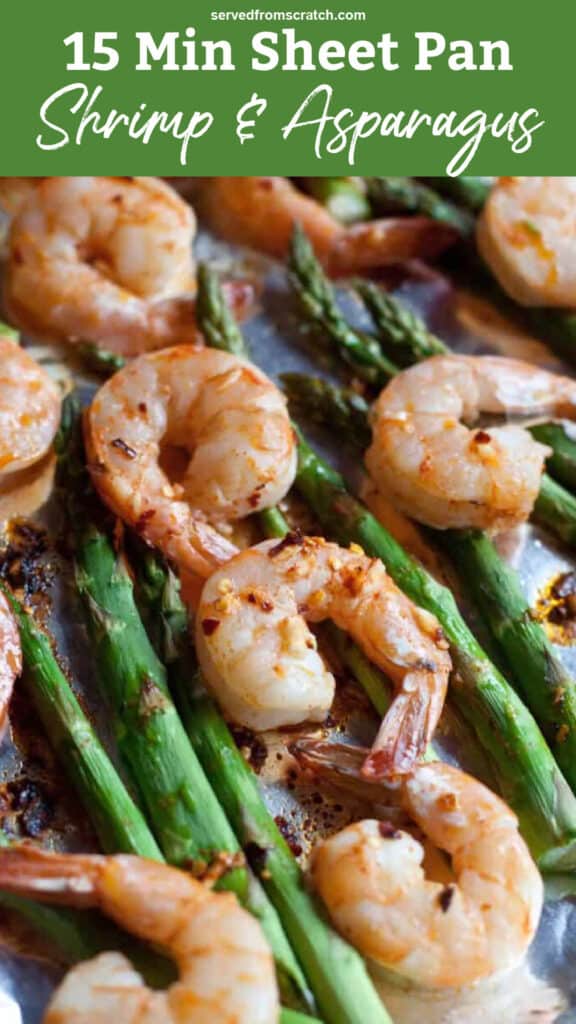 a sheet pan of cooked shrimp and asparagus with Pinterest pin text.
