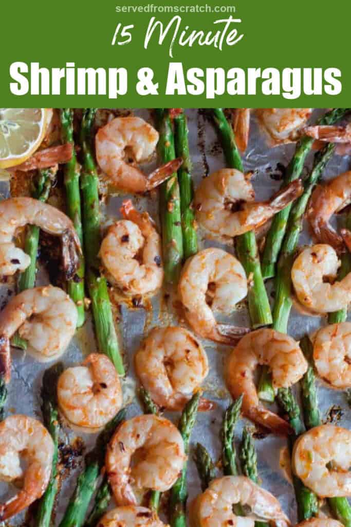 an overhead of shrimp and asparagus on a sheet pan with Pinterest pin text.