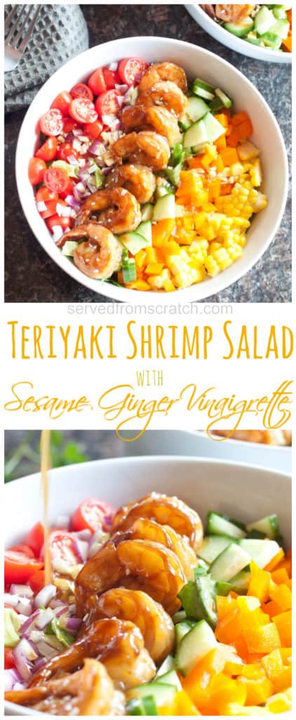 two salad bowls of teriyaki shrimp and chopped raw veggies