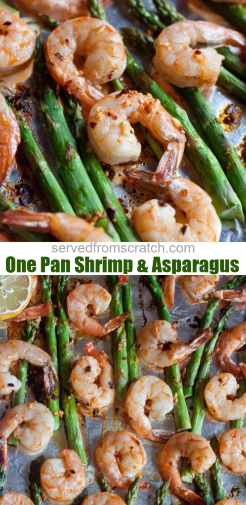 a close up of cooked shrimp and asparagus on a baking sheet and pinterest text.