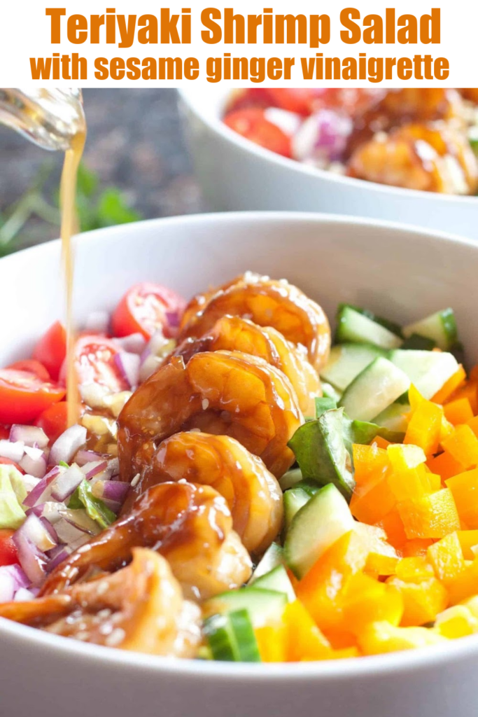 bowl with shrimp and colorful chopped vegetables and dressing being poured in with Pinterest pin text.