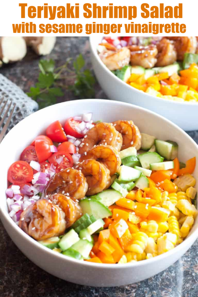 bowl with shrimp and colorful chopped vegetables with Pinterest pin text.