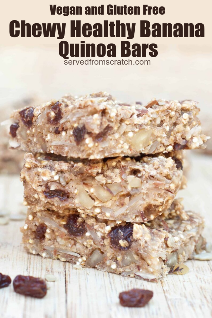 stacked chewy quinoa bars with raisins with Pinterest pin text.