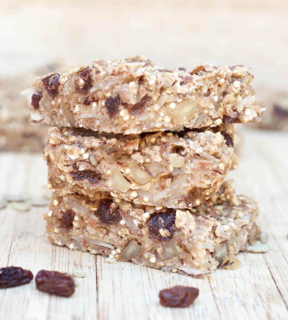 stacked chewy raisin quinoa banana bars