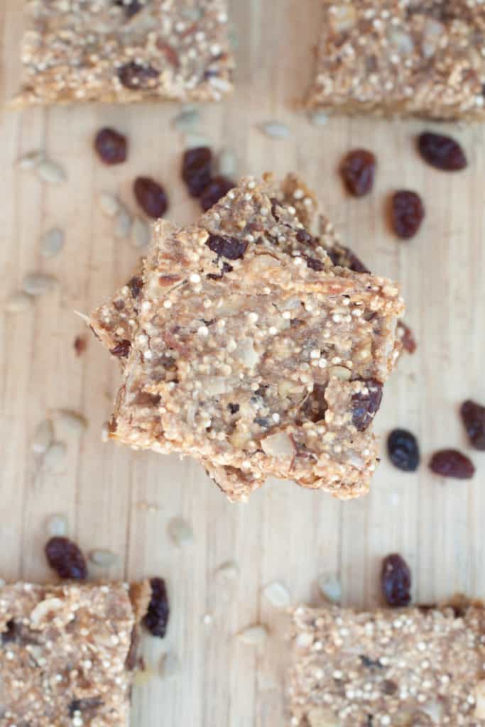 overhead of quinoa bars with raisins