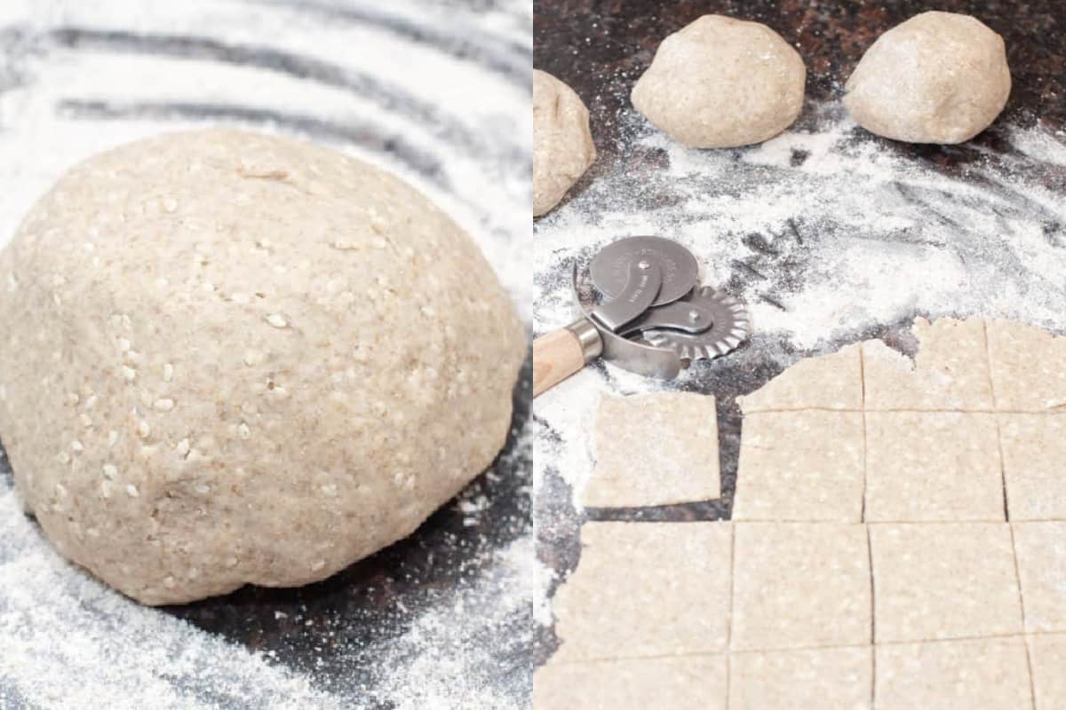 a ball of dough on a floured counter and then rolled out and cut.
