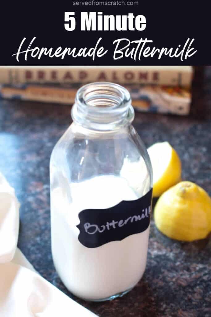 a bottle of labeled buttermilk next to sliced lemons with Pinterest pin text.