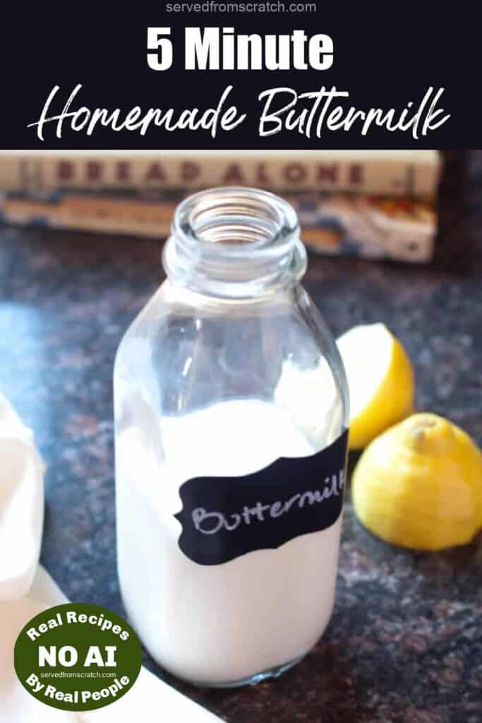 a bottle of labeled buttermilk next to sliced lemons with Pinterest pin text with NO AI sticker.