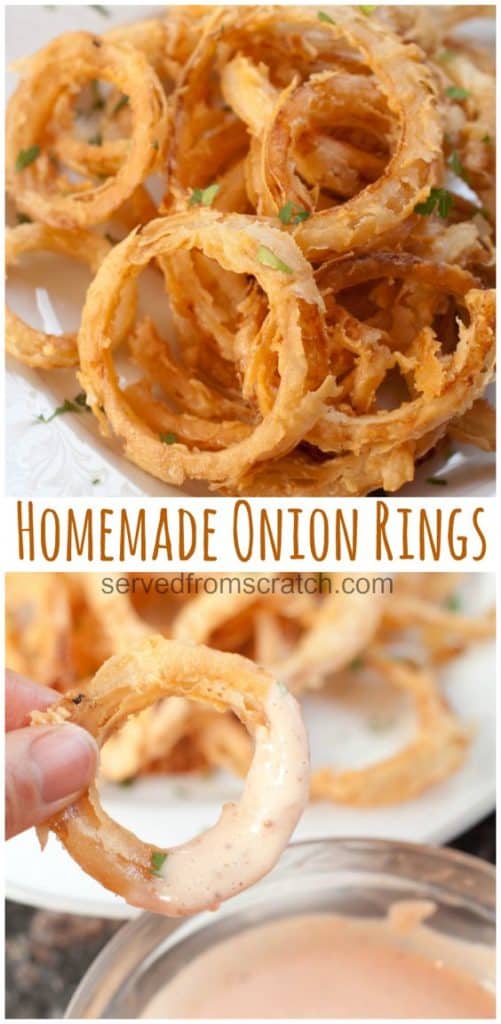 a plate of onion rings and a hand dipping onion ring in sauce with Pinterest pin text.