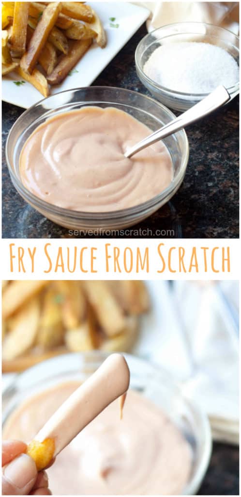 a bowl of fry sauce and a fry dipped in it and Pinterest pin text.