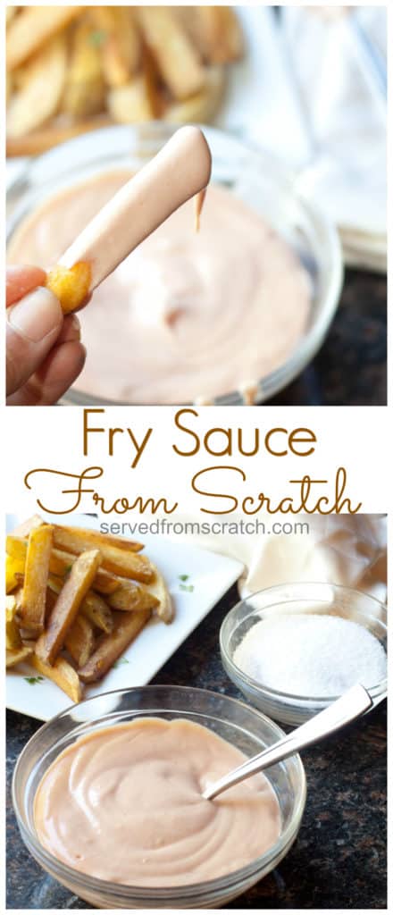 a hand holding a fry with sauce and a bowl of sauce in front of a plate of fries