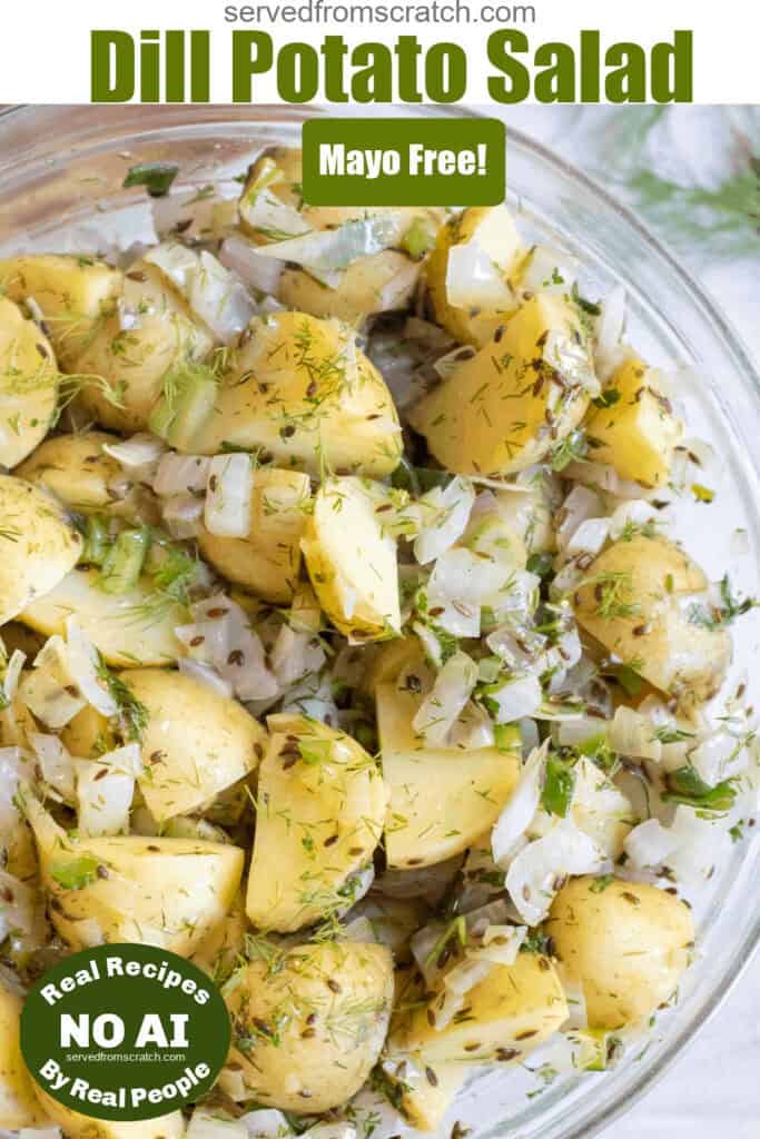 a bowl of potato salad with onions and dill and Pinterest pin text and NO AI sticker.