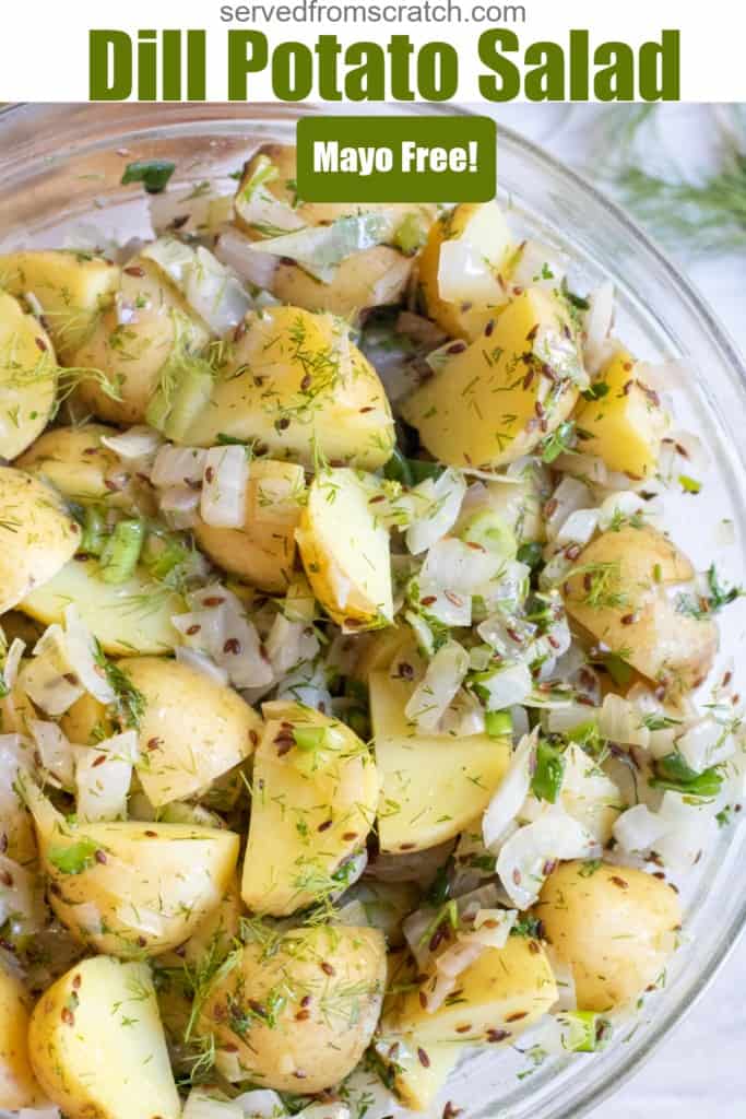 a bowl of yellow potato salad with seeds, onions, and dill with Pinterest pin text.