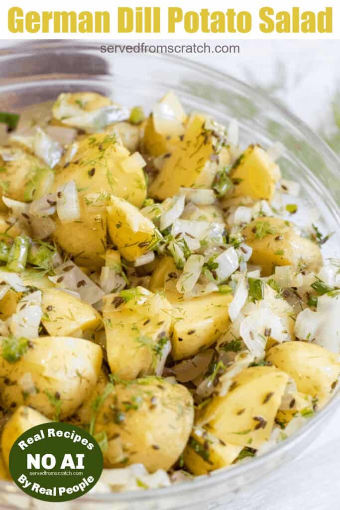 a bowl of potato salad with onions and dill and Pinterest pin text and NO AI sticker.