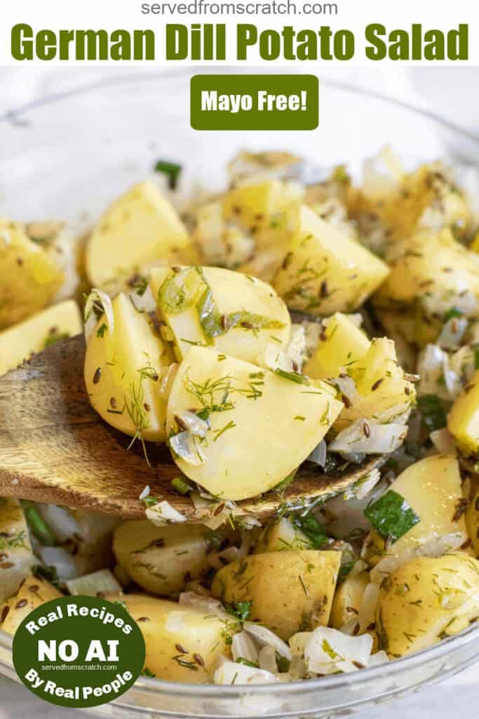 a bowl of yellow potato salad with seeds, onions, and dill with a wooden spoon with Pinterest pin text and NO AI sticker.