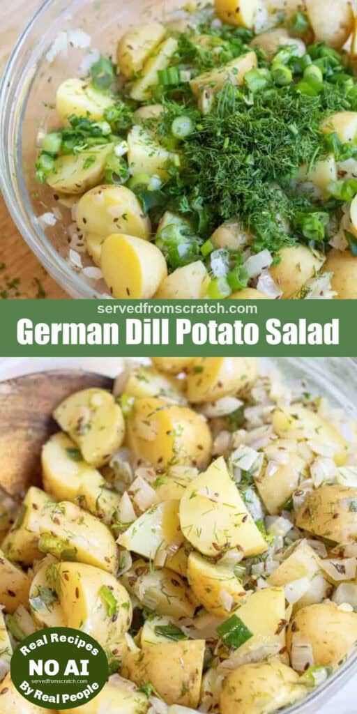 a bowl of potatoes topped with fresh dill, Pinterest pin text, and a bowl of potato salad with NO AI sticker.
