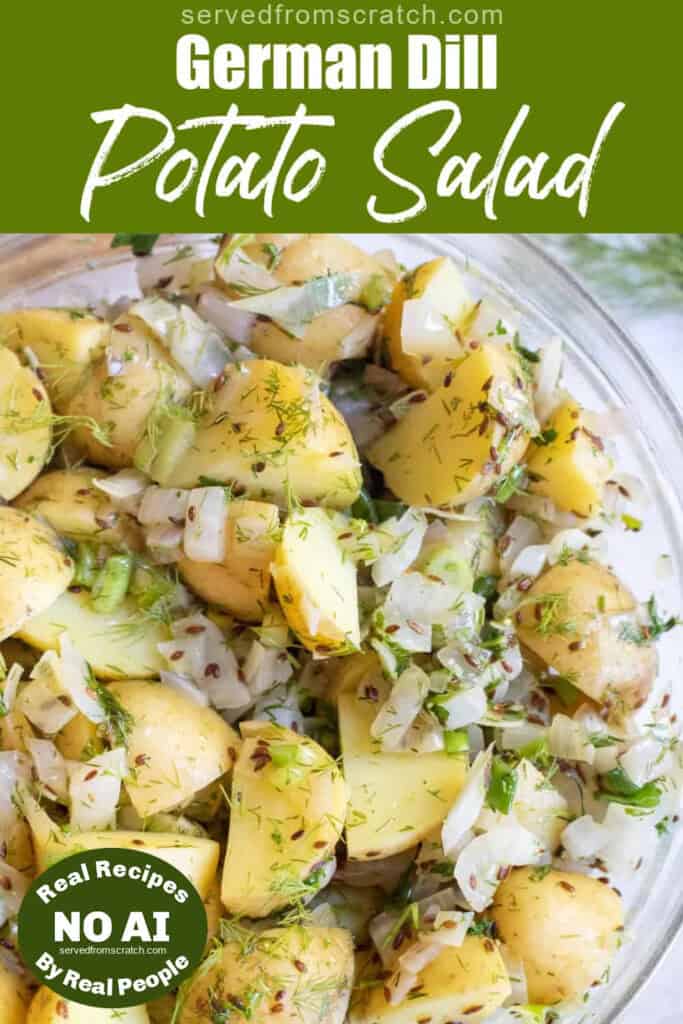 a bowl of potato salad with onions and dill and Pinterest pin text and NO AI sticker.