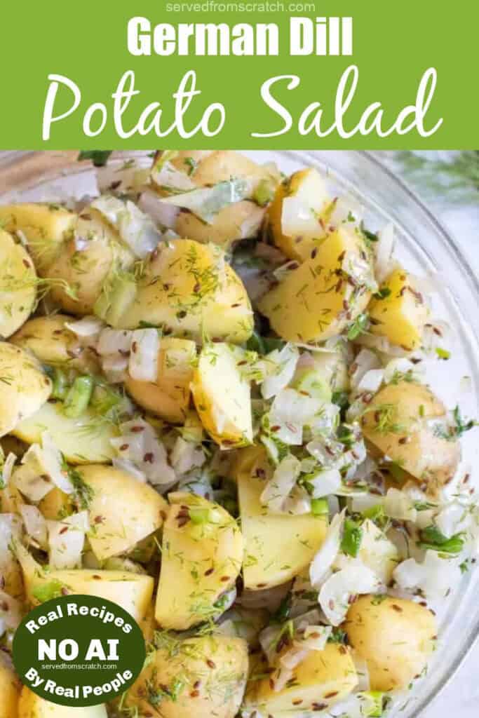 a bowl of potato salad with onions and dill and Pinterest pin text and NO AI sticker.