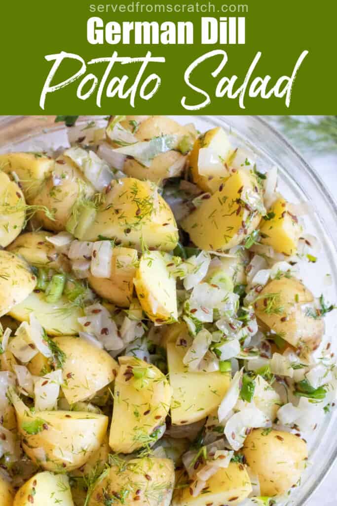 a bowl of potato salad with onions and dill and Pinterest pin text.