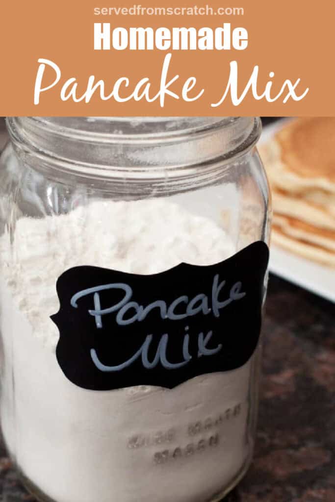 a jar of labeled pancake mix in front of some pancakes with Pinterest pin text.