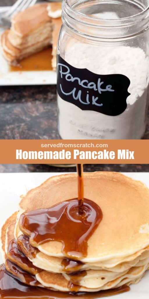 a jar of labeled pancake mix in front of some pancakes with Pinterest pin text and syrup being poured on a stack of pancakes.