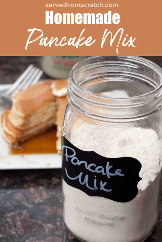 a jar of labeled pancake mix in front of some pancakes with Pinterest pin text.