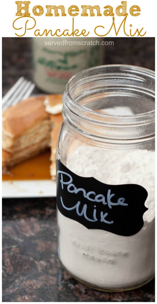 a jar of pancake mix in front of pancakes