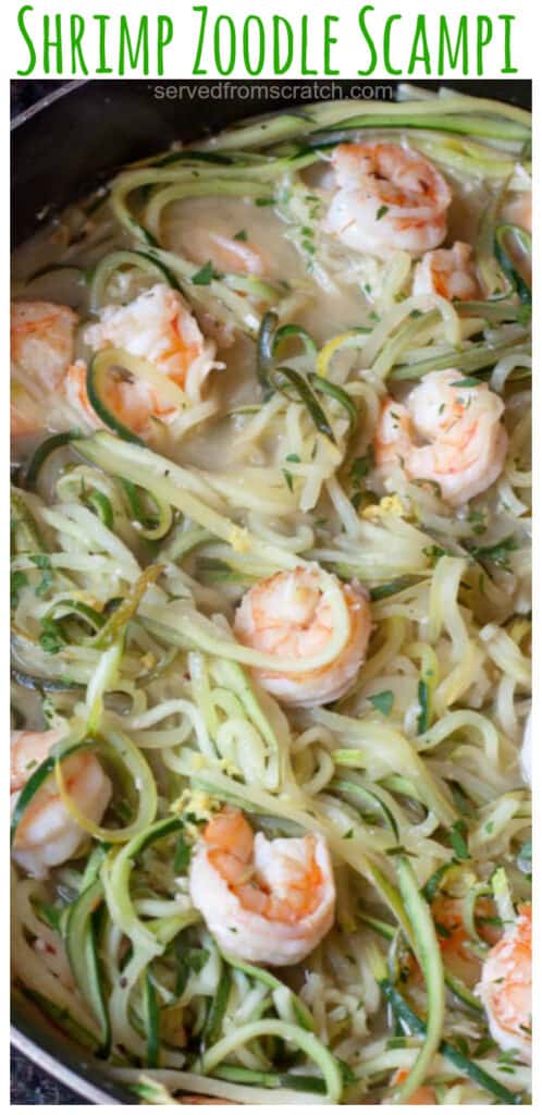 a pan of cooked zucchini noodles and shrimp and Pinterest pin text.