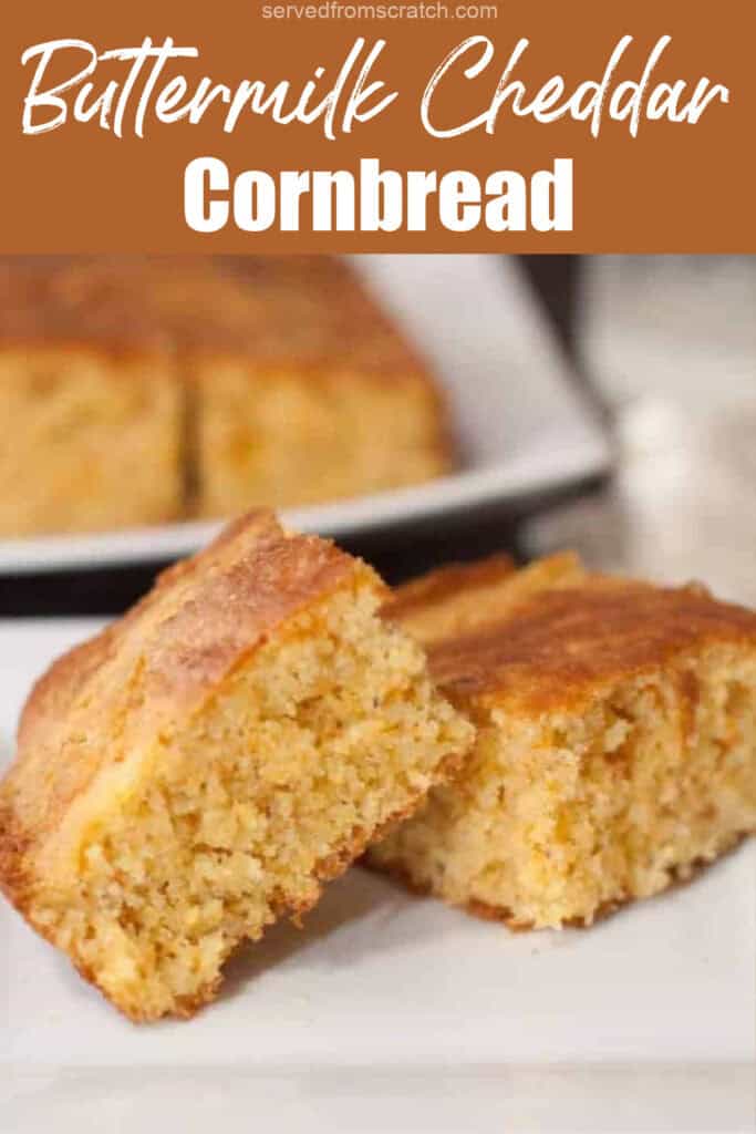 a plate with two pieces of cornbread and Pinterest pin text.