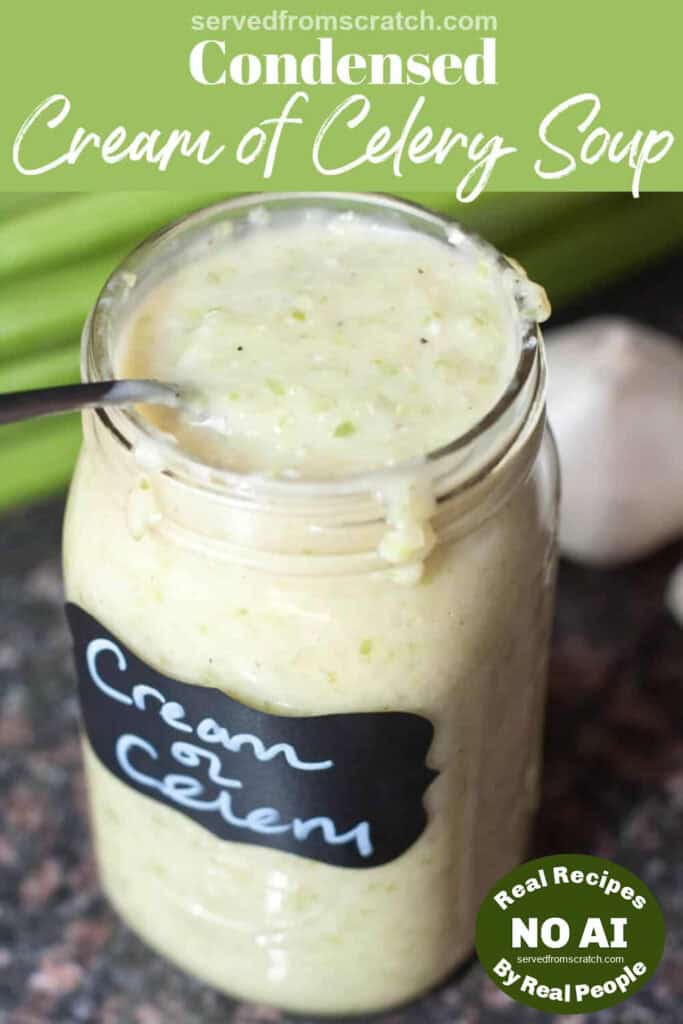 a large mason jar of creamy celery soup with a spoon and Pinterest pin text with NO AI sticker.