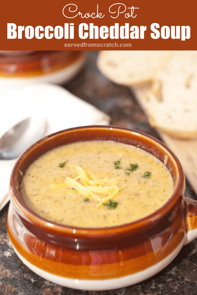 a soup crock of creamy broccoli cheese soup with Pinterest pin text.