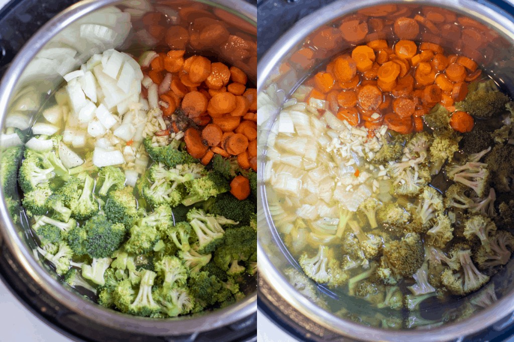 two pics one of a pot with broccoli, onions, and carrots and one with it all cooked.