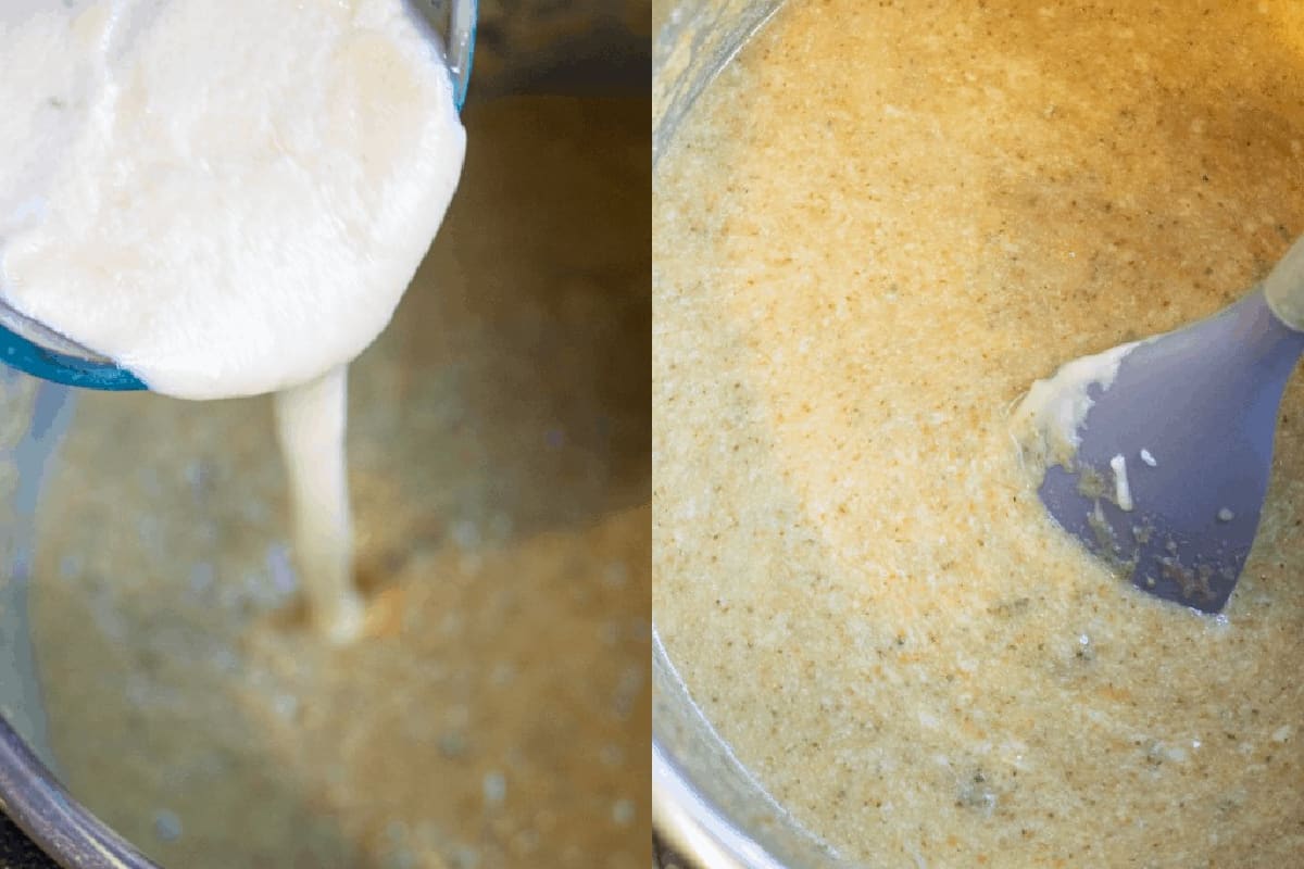 cheese sauce being poured into a soup and a creamy soup.
