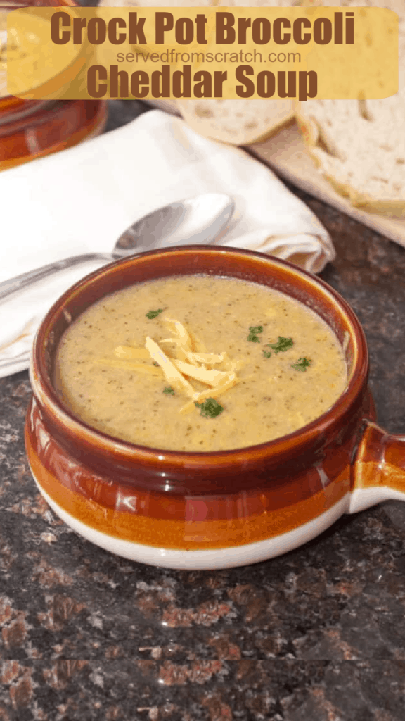 a soup crock of broccoli cheddar soup with Pinterest pin text.