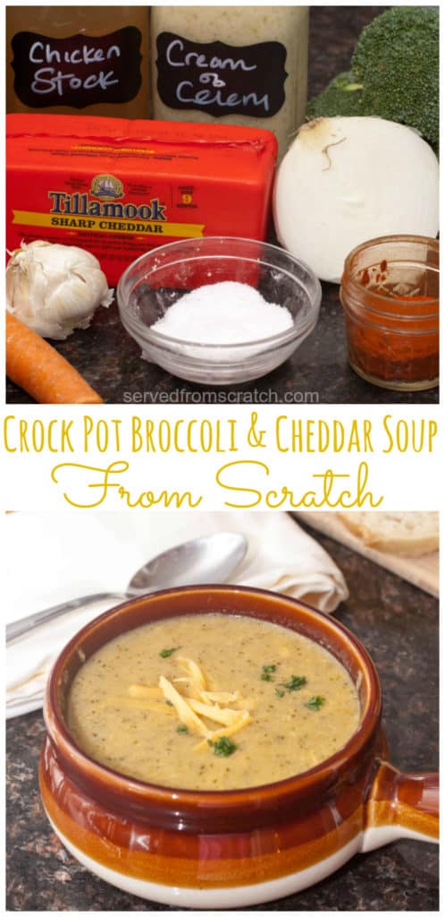 ingredients on counter and a soup crock with Pinterest pin text.