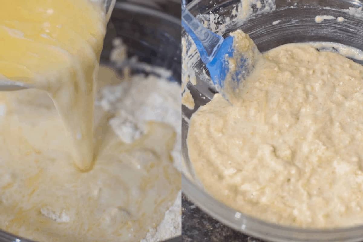 two picutres, one with egg mixture pouring in and another with it all mixed and a spatula.