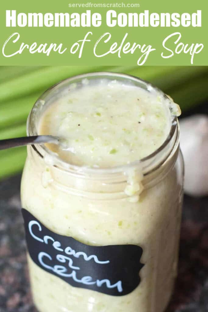 a large mason jar of creamy celery soup with a spoon and Pinterest pin text.