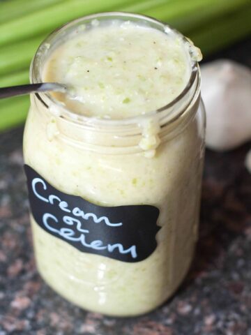 a mason jar of cream of celery soup