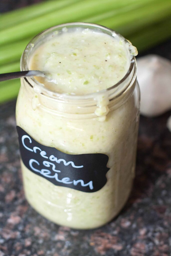 a large mason jar of cream of celery soup