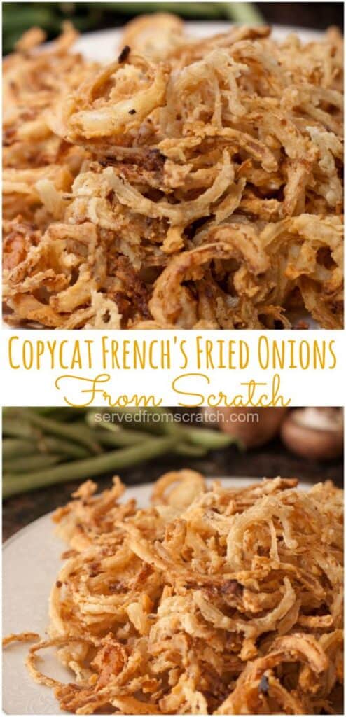 two plates of crispy fried onions with Pinterest Pin Text.