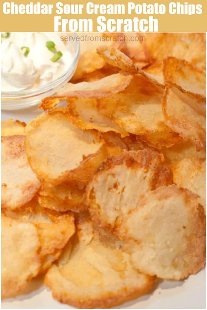 a plate of crispy thin potato chips with Pinterest Pin Text.