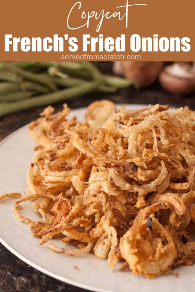 a plate of fried onions with Pinterest pin text.