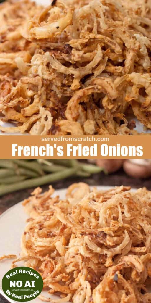 a plate of fried onions with Pinterest pin text and NO AI sticker.