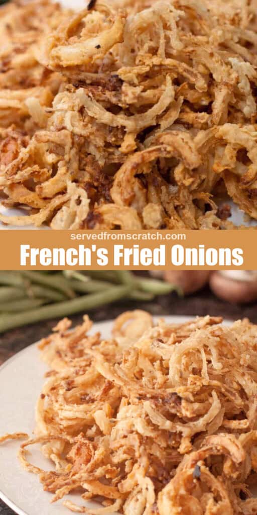 a plate of crispy fried onions, Pinterest pin text, and another plate of crispy fried onions with green beans and mushrooms in the background.