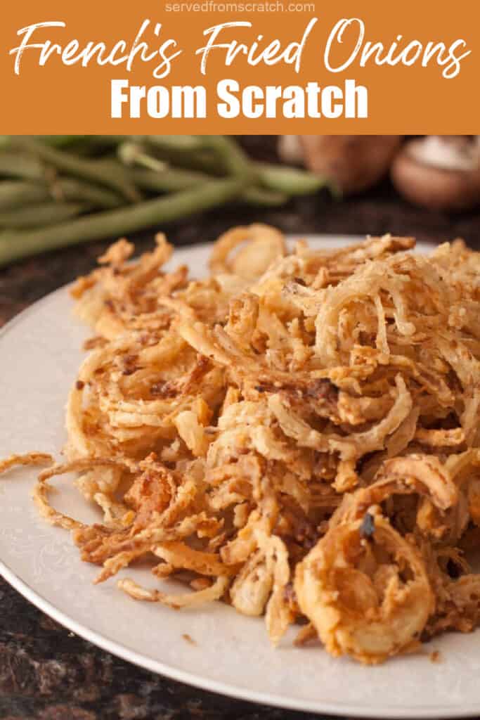a plate of fried onions with Pinterest pin text.