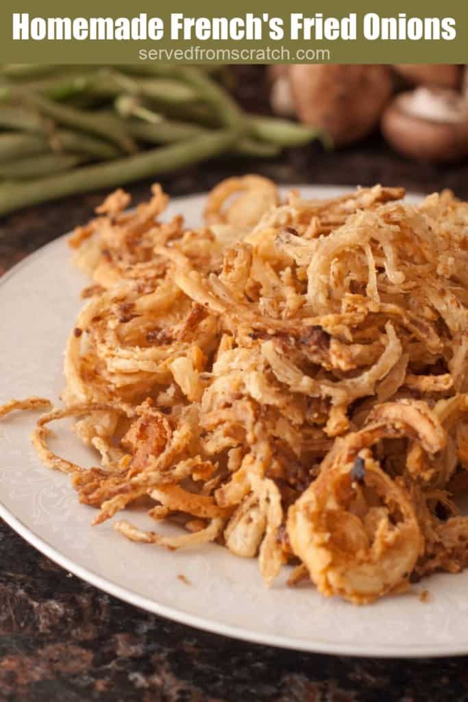 a plate of french's fried onions with Pinterest pin text.