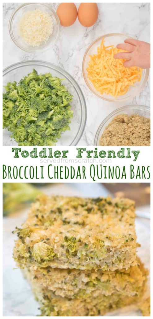 bowls of broccoli, cheese, quinoa, and eggs and then stacked quinoa broccoli cheddar bars with Pinterest pin text.