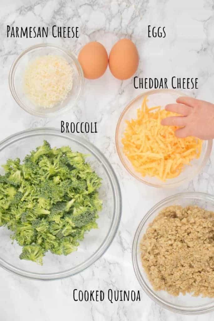 a bowl of broccoli, cheese with a kid's hand, cooked quinoa, eggs, and cheese.