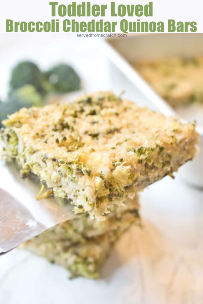 a spatula holding up a quinoa bar with broccoli with Pinterest pin text.