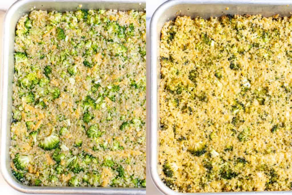 two pans one of uncooked quinoa broccoli cheddar bars and one of it all baked.